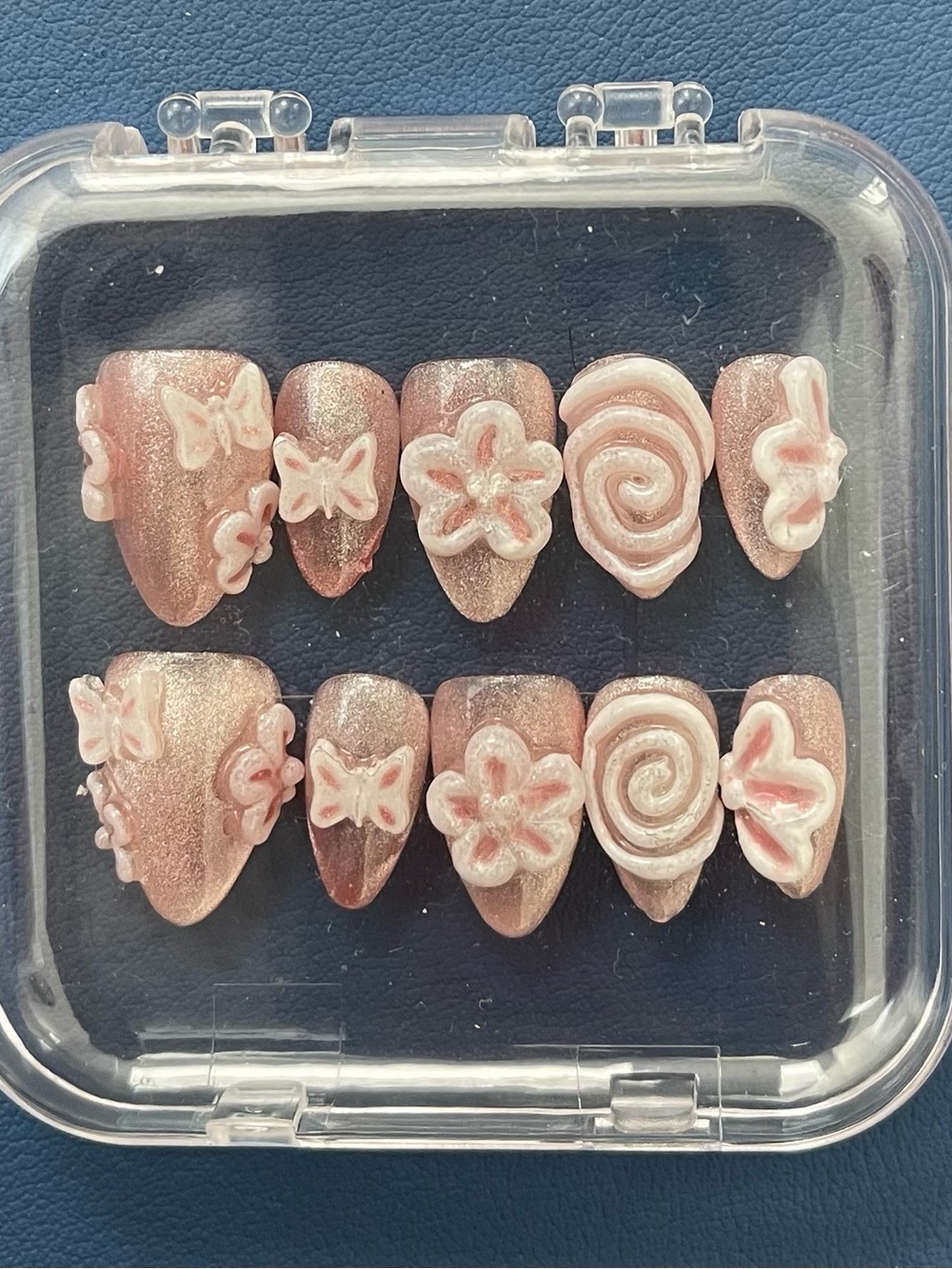 Pressed Glitter Pink 3D Floral & Butterfly False Nail Set - handmade unique